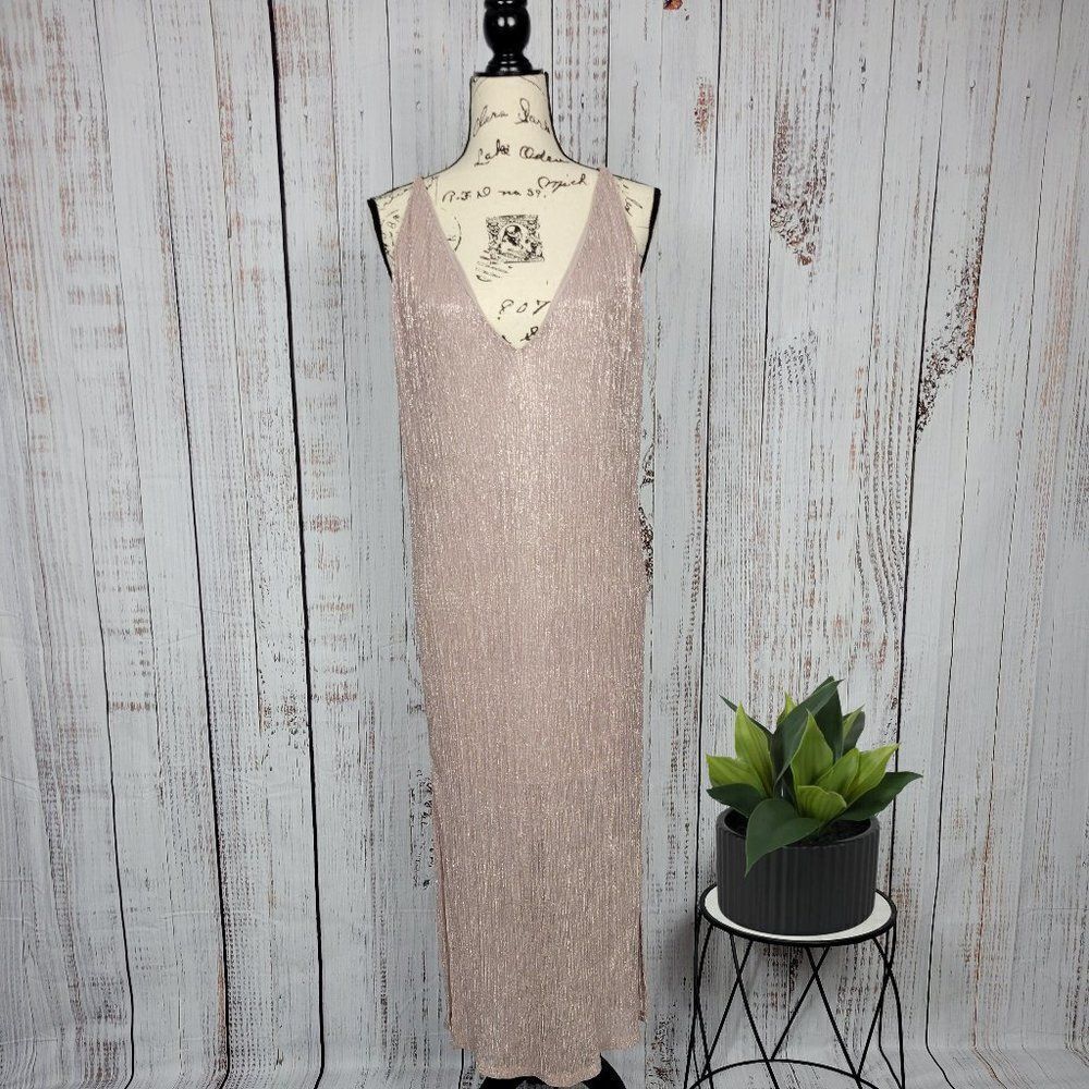 NWOT Express Blush Pink Metallic Deep Plunge Low Back Beach Summer Maxi Dress
